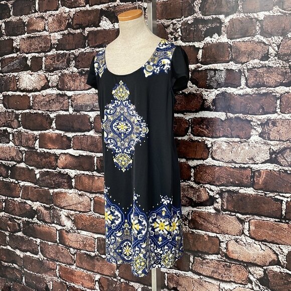 INC International Concepts Midi Dress Short Sleeve Paisley Black Blue Size Large - Picture 6 of 16